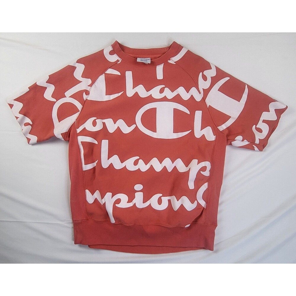 VTG Champion Sweatshirt Men Lg Peach Reverse Weave All Over Print Pullover Retro